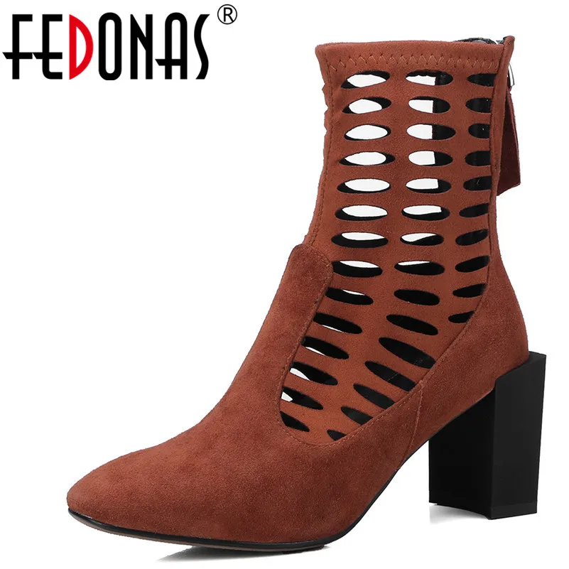 

FEDONAS 1Fashion Women Mid-Calf Boots Cow Suede Spring Autumn High Heels Shoes Woman Square Toe Elegant Zipper Brand Basic Boots