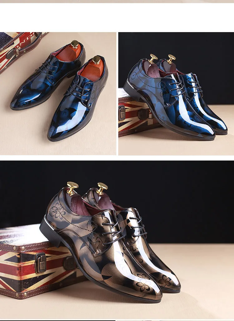Мужские официальные модельные туфли размера плюс 38-48; роскошные кожаные туфли из лакированной кожи с острым носком и цветочным узором; мужские туфли-оксфорды
