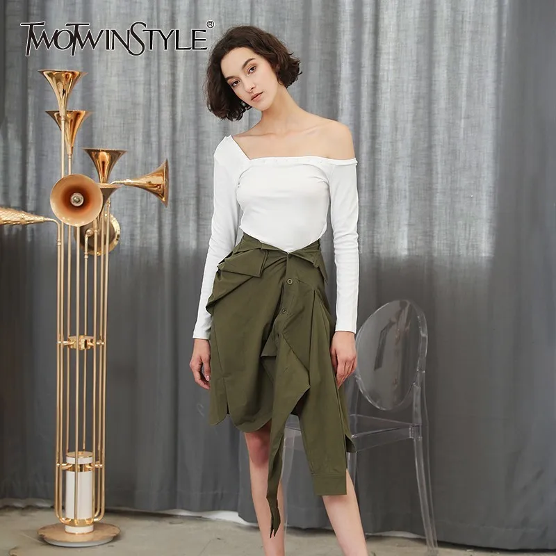 

TWOTWINSTYLE Women's Skirt Suit Off Shoulder Slim T Shirt With Asymmetrical Irregular Skirts Oversize Autumn Sexy Casual Clothes