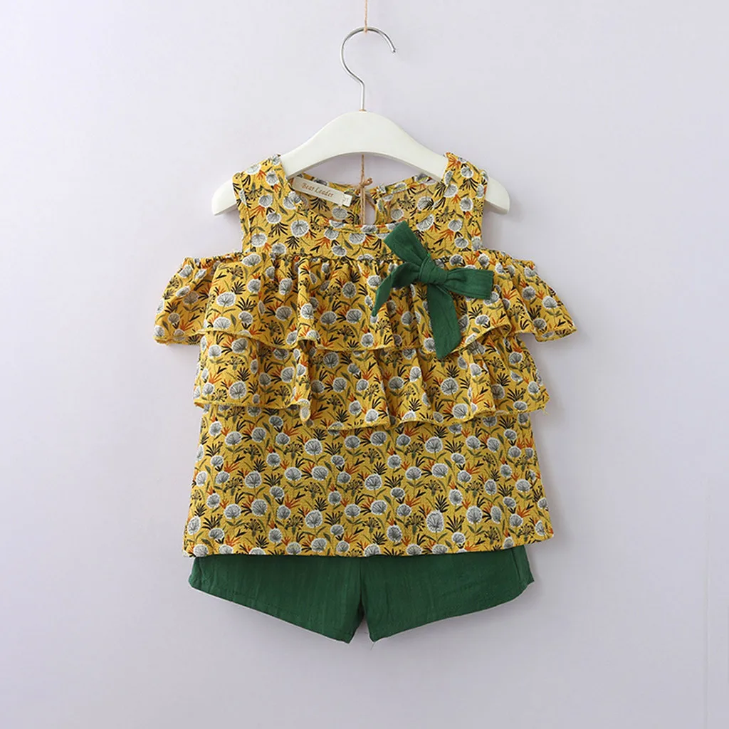 

2019 New Summer Fashion For Baby Girls Chiffon Floral Print Ruffles T-Shirt Tops+Solid Color Short Pants Clothing Set