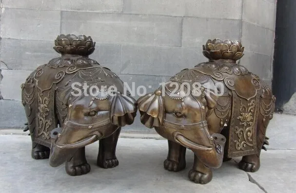 

10 Chinese Folk Feng shui Bronze Lucky Fu Foo Lotus Flower Elephant Statue Pair
