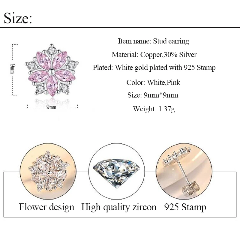 Роскошные 925 пробы серебряные серьги-гвоздики в виде цветка для женщин, розовые белые серьги с кубическим цирконием и кристаллами, ювелирные изделия Kolczyki Pendientes