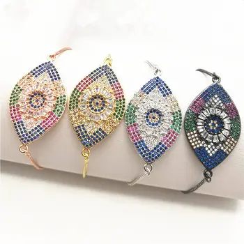 

10pcs/lot Mixed Colors Paved Colorful Cubic Zirconia Marquise Turkey Evil Eye Link Chain Bracelet Adjustable Jewelry