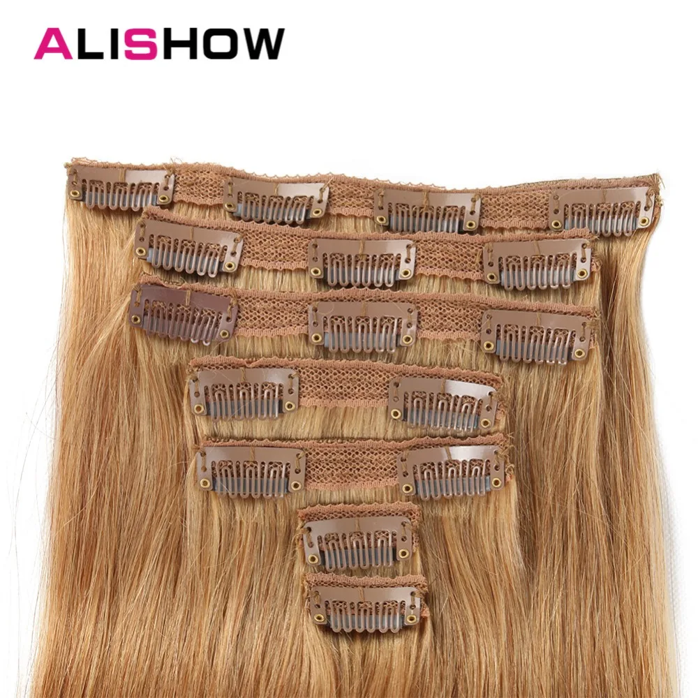 Alishow Human Hair Extensions 100G clip in Remy Hair straight Double Drawn 100% Real Human Hair Light Brown 7pcs