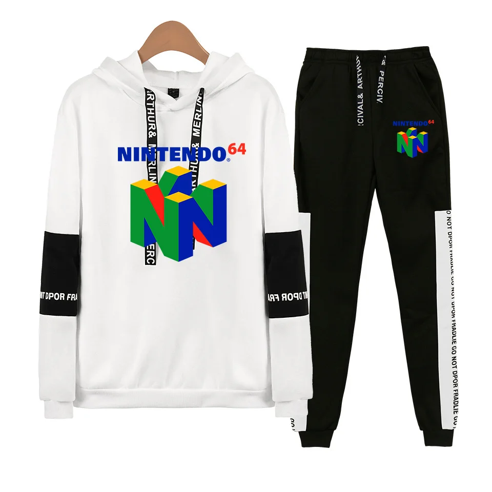 Лидер продаж, толстовки с капюшоном N64, спортивные костюмы для мужчин и женщин, Осенний флисовый пуловер в стиле хип-хоп, комплект из двух предметов, спортивный костюм - Цвет: White