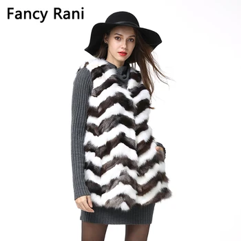 

100% Real Fox Fur Vest White Black Striped Patchwork Women Fashion Fur Long Jacket Coat Natural Fox Fur Vest Gilet Plus Size 3XL