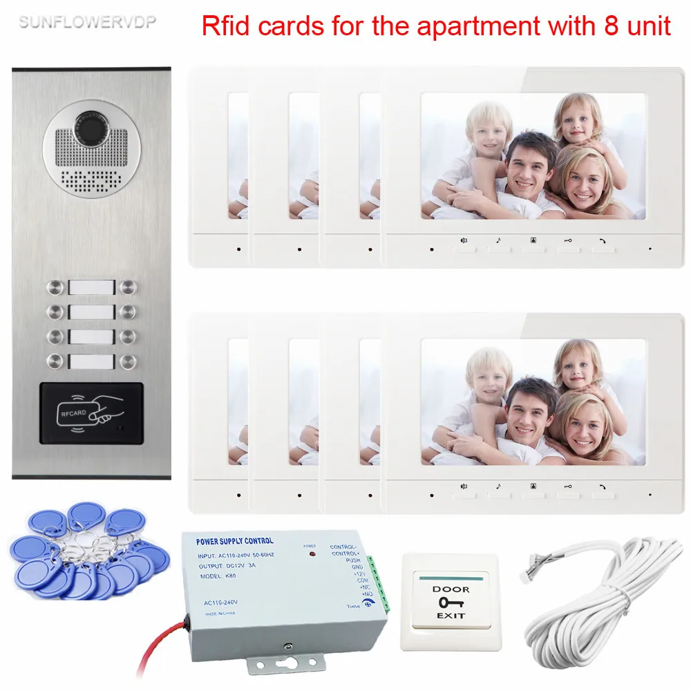 New Intercom Rfid Doorbell Camera With 8 Buttons Video Doorman House 7inch Color 8 Monitors Videophone For Residential Security