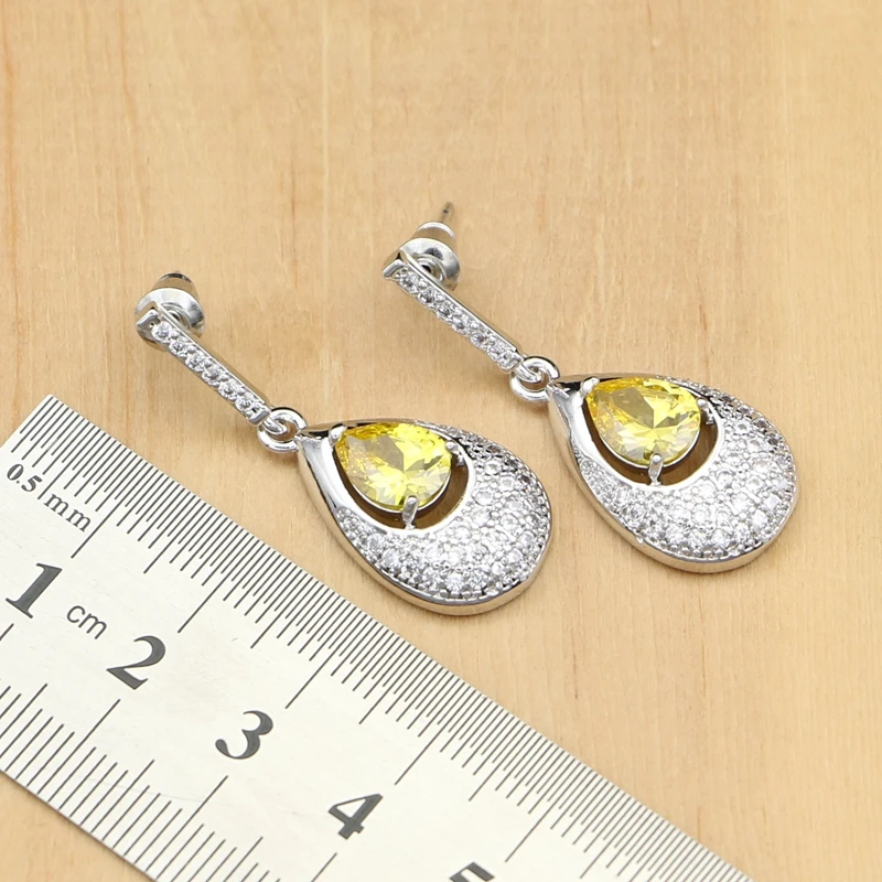 Silver 925 Costume Jewelry Sets Natural Light Yellow Zircon For Women Bride EarringsPendantRingNecklace Set Dropshipping (4)