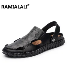Ramialali/мужские сандалии летние черные коричневые кожаные пляжные сандалии Повседневная кожаная мужская обувь Большие размеры 38-45