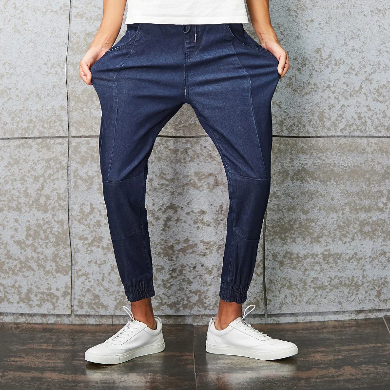 2017 New Fashion Men's Casual Elastic Waist Skinny Jeans Trousers Harem