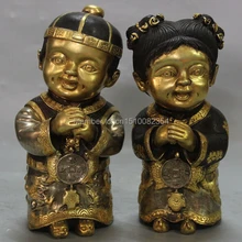 " Китайский Фиолетовый Бронзовый 24 К Золота Чистого Серебра Молодые Мальчики Девушка Фу Малыш Богатые Статуя