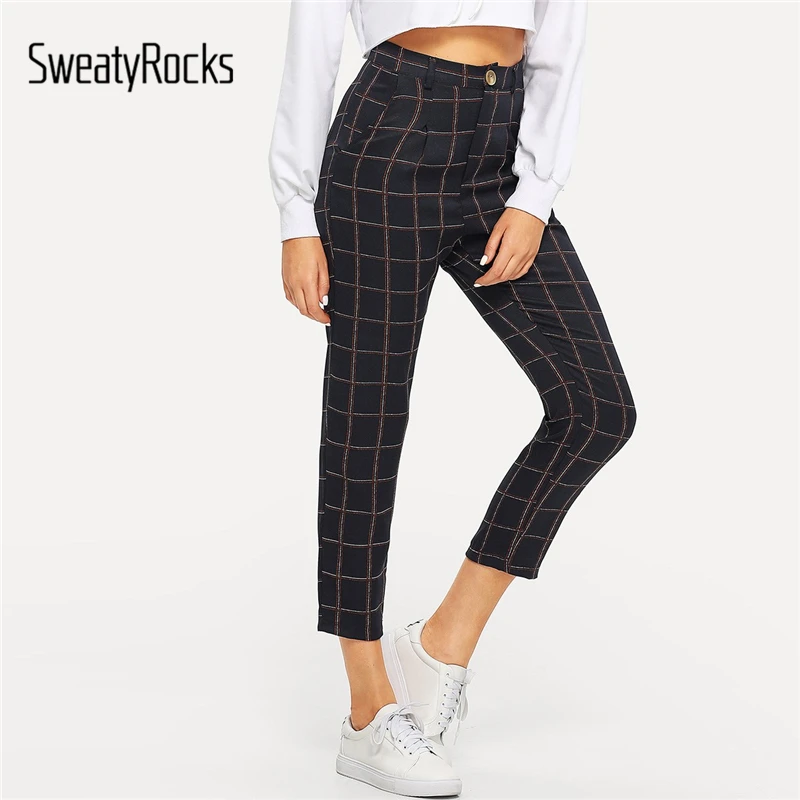

SweatyRocks Black Pocket Side Plaid Pants Streetwear Calf-Length Tapered Pants Button Fly Spring Autumn Women Casual Trousers