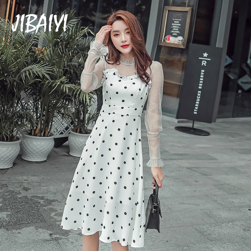 JIBAIYI Summer Transparent Mesh Midi Sexy Dress Women Petal Sleeve Elegant Black Dot Patchwork Sundress Ruffle Collar Vestidos JIBAIYI Summer Transparent Mesh Midi Sexy Dress Women Petal Sleeve Elegant Black Dot Patchwork Sundress Ruffle Collar Vestidos