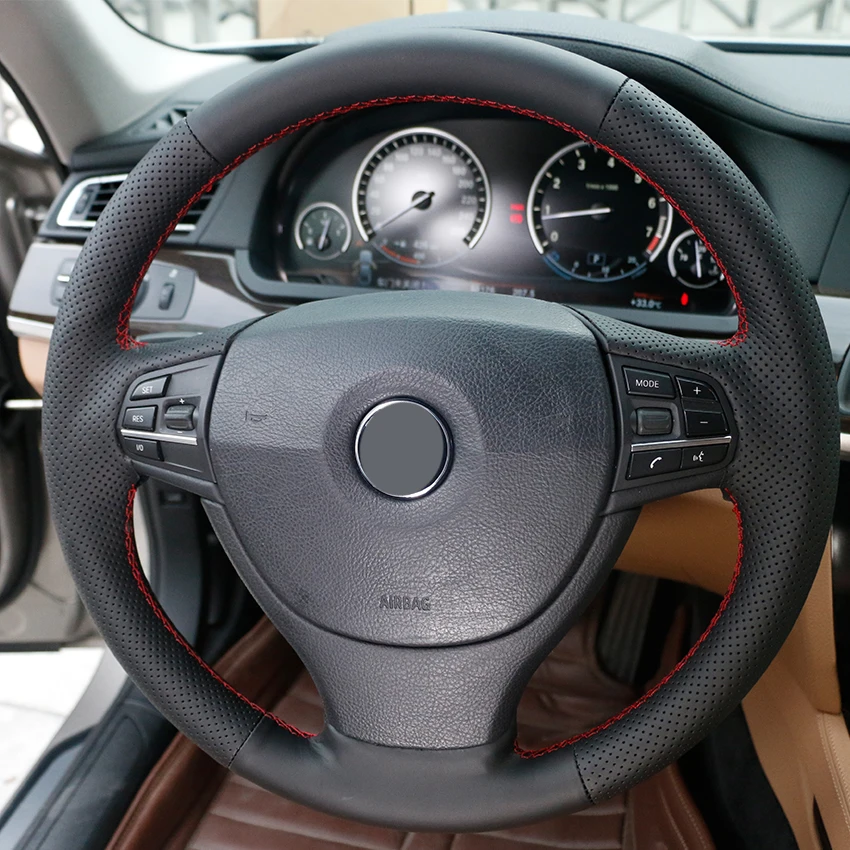 cheap Hand sewing custom Black Leather Red thread Car Steering Wheel Cover for BMW F10 523Li 525Li 2009 730Li 740Li 750Li