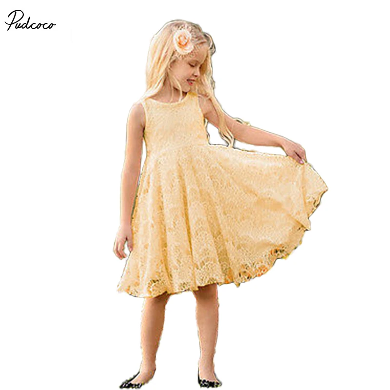 Robe princesse en dentelle jaune pour filles Sans manches, motif