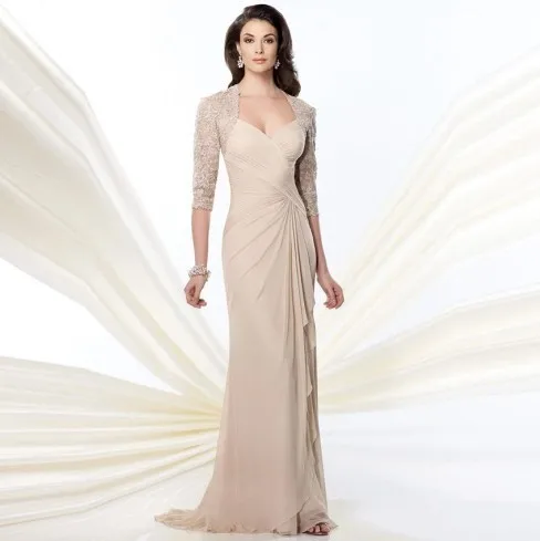 2019 Lange Moeder Van De Bruid Jurken met Half Kanten Mouwen Sweetheart Vouw Gedrapeerde Schede Chiffon Wedding Party Jurken 2019 Lange Moeder Van De Bruid Jurken met Half Kanten Mouwen Sweetheart Vouw Gedrapeerde Schede Chiffon Wedding Party Jurken