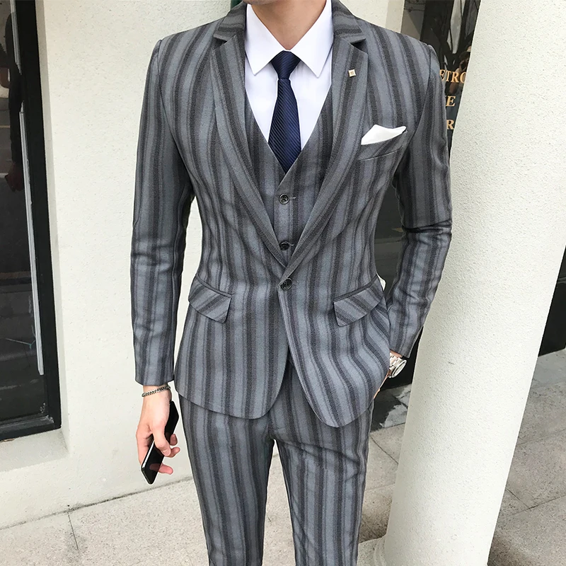 3 Pieces Men's Suit Korean Style Casual Striped Suit Men Clothes Dress Slim Fit Wedding Prom Formal Mens Suits with Pant Vest