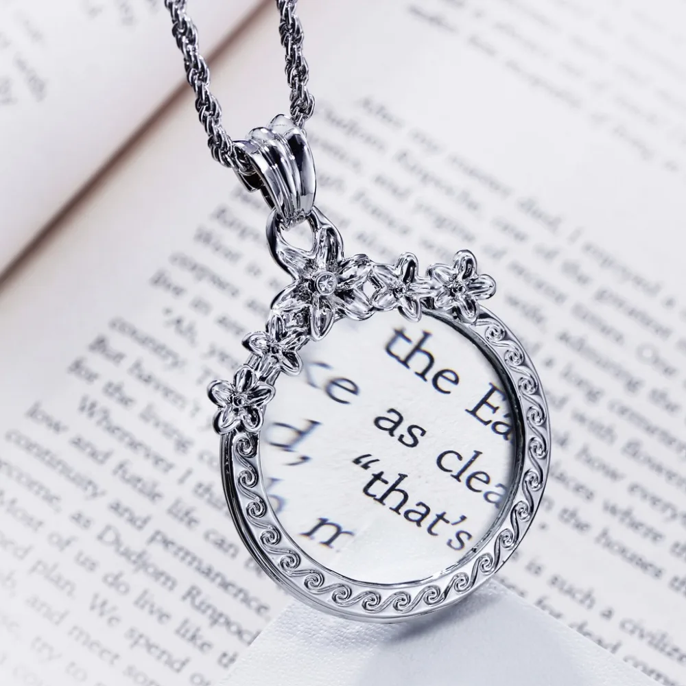 

Lady Rhodium Color long necklace With 2X Magnifying Glasslong Sweater chain necklace Daily Reading Purpose Round Window