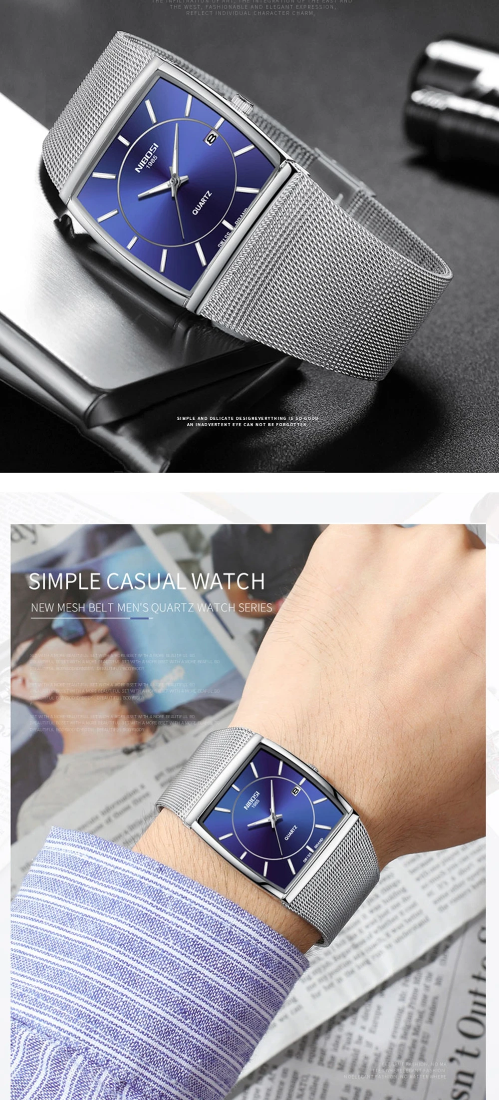 NIBOSI Лидирующий бренд Роскошные Мужские квадратные кварцевые часы мужские водонепроницаемые часы с датой Черные Сетчатые наручные часы из нержавеющей стали для мужчин