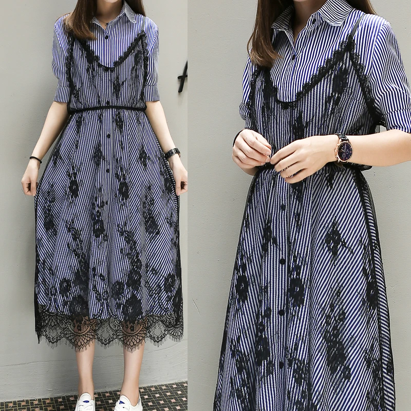 

5xl plus big size women set clothing spring autumn summer 2018 feminina two piece suits shirts strap lace dress female Q0037