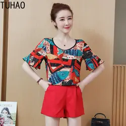 TUHAO 2019 уличная женская летняя двухсекционная одежда большой размер 5XL 4XL 3XL красная рыбка винтажная рубашка шорты женский комплект 2 шт. LZ121