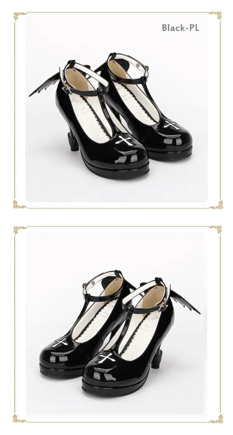 Японская обувь для косплея в стиле «Готик Лолита»; удобная обувь с ремешком в виде буквы Т на платформе с круглым носком; обувь для девочек с крылышками; цвета: черный, белый