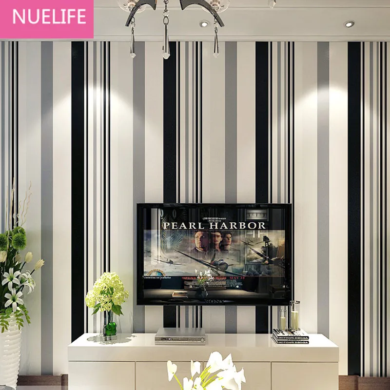 

0.53x10m Eco-friendly non-woven modern black and white gray vertical striped wallpaper living room bedroom wallpaper