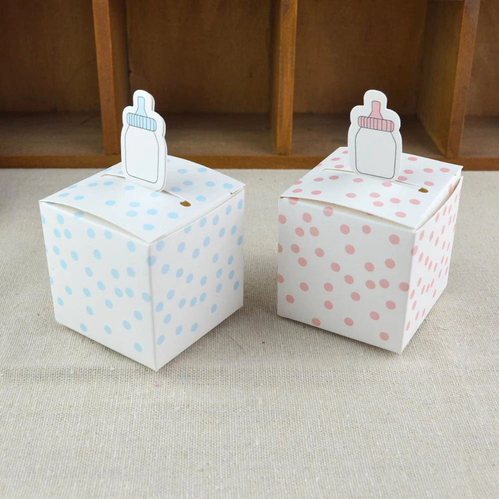 

50pcs Paper Gift Box Baby Bottle Shape Blue and Pink Dots Candy Boxes Birthday Party Favor Package Gift Box Chocolate Paper Bag