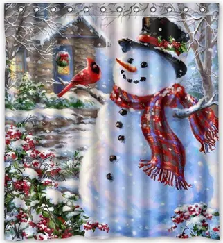

Winter Holiday Merry Christmas Happy Snowman Cardinals Shower Curtain Waterproof Fabric for Bathroom Decoration Bath Curtains