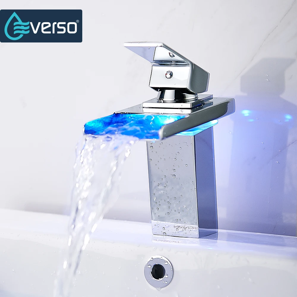

EVERSO Temperature Sensor LED Faucet Wide Flowing Water Basin Faucet Chrome Single Handle Bathroom Sink Faucet