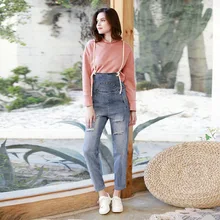 Весна и осень женские отверстие джинсы свободные нагрудник джинсы Nine брюки женские Drawsring Комбинезоны женские подтяжки брюки D6
