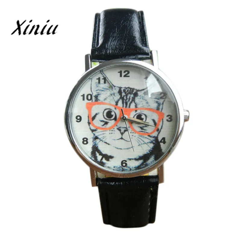 

Xiniu Watch Women Cat Pattern Leather Band Quartz Watches Roman Numerals Wood Leather Band Analog Quartz Vogue Wrist Watches#YJ