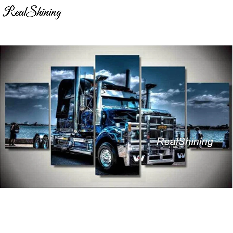 

REALSHINING DIY 3D Diamond Painting Cross Stitch Diamond Embroidery Blue Trucks 5pcs Full Square Mosaic Needlework Decor FS296