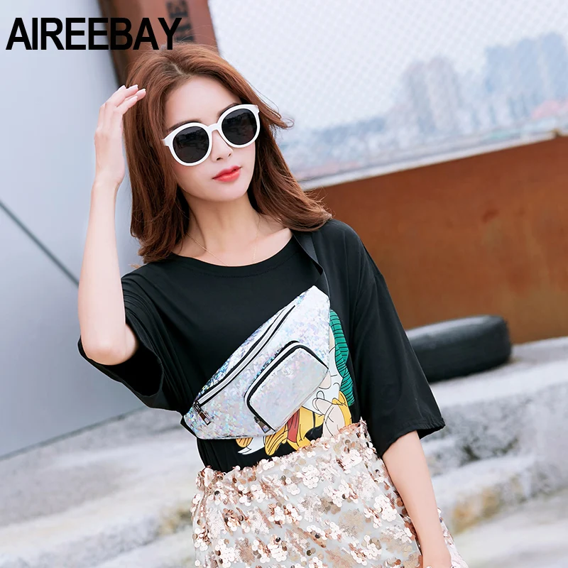 AIREEBAY النساء حزمة مراوح الهولوغرام الوردي الأزرق الليزر الصدر أكياس الفضة عاكسة حقيبة كتف حزام للنساء حقيبة الخصر حزمة