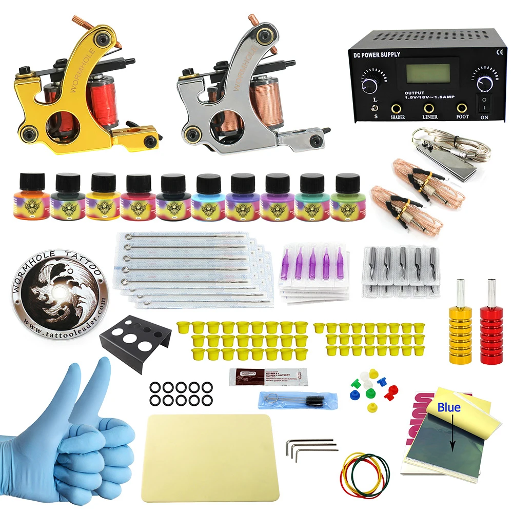 

WORMHOLE TATTOO Complete Starter Tattoo Kit 2 Machine Liner Shader Gun 10 Color 5ml Inks Power Supply Tattoo Needles CD002