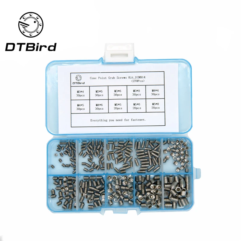 

270Pcs/set M3 M4 M5 Mix DIN914 304 Stainless Steel Grub Screws Cone Point Hexagon Hex Socket Set Screws Assortment Kit HW005