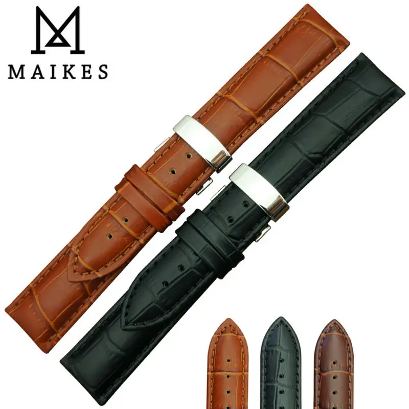 Ремешок MAIKES из натуральной кожи для наручных часов черный браслет с пряжкой