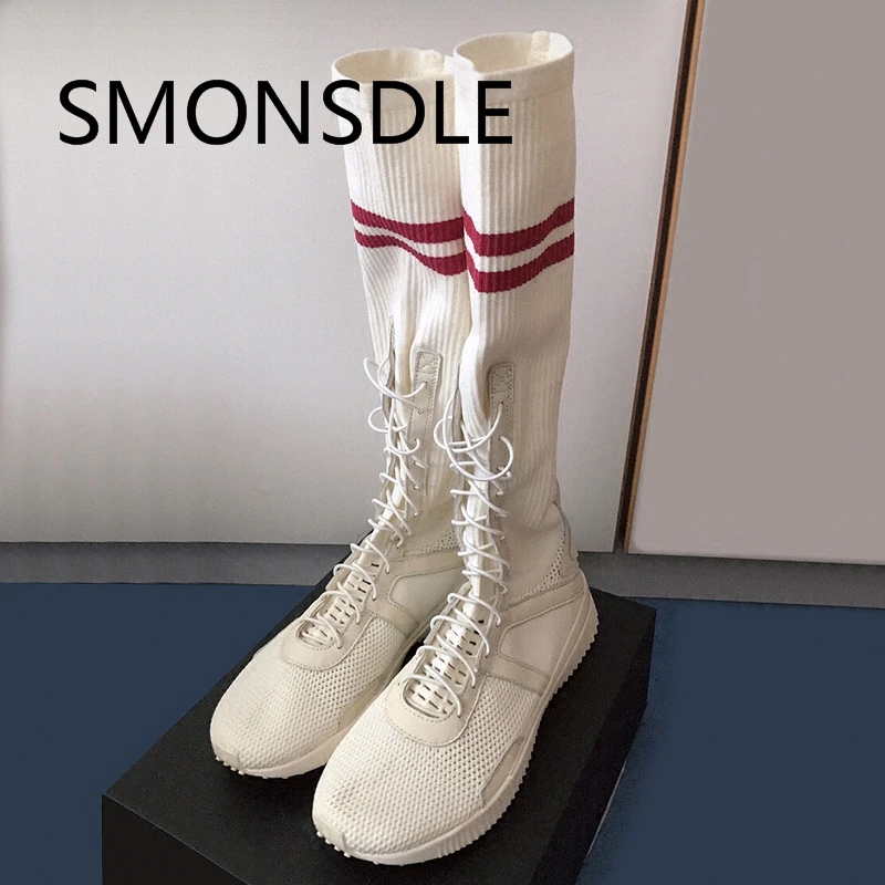 

2018 Fashion Knee-high Black White Boots Breathable Shoes Woman Air Mesh and Stockings Knee Boots Slip-on Flats