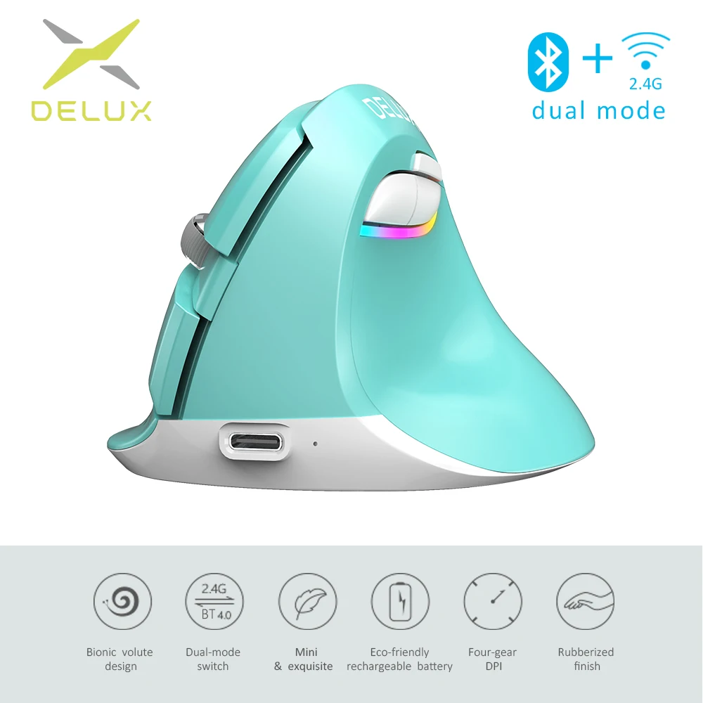 Best Delux M618 Mini Gaming Wireless Mouse Ergonomic Vertical Mouse Bluetooth 2.4GHz RGB Rechargeable Silent click Mice for Office
