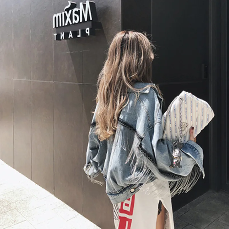 

2019 Spring Fashion Beading Tassle Short Loose Girl Jeans Coats Trend Women Denim Batwing Sleeve Jacket Fashion Retro Outerwear