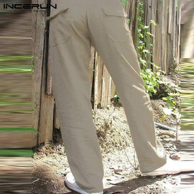 INCERUN 2019 повседневные мужские прямые брюки хлопковые свободные карманы Drawstring однотонные брюки мужские этнический стиль брюки мужские Pantalon