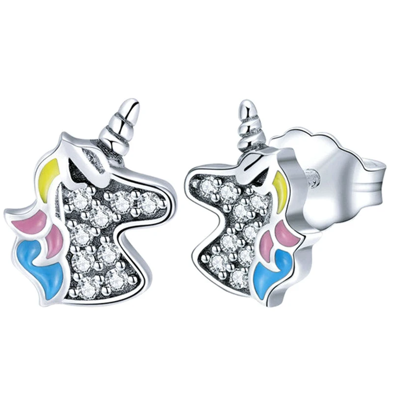 

925 Sterling Silver Dazzling Unicorn Licorne Memory Stud Earrings for Women Cute Silver Clear Rhinestone Jewelry Party Gifts