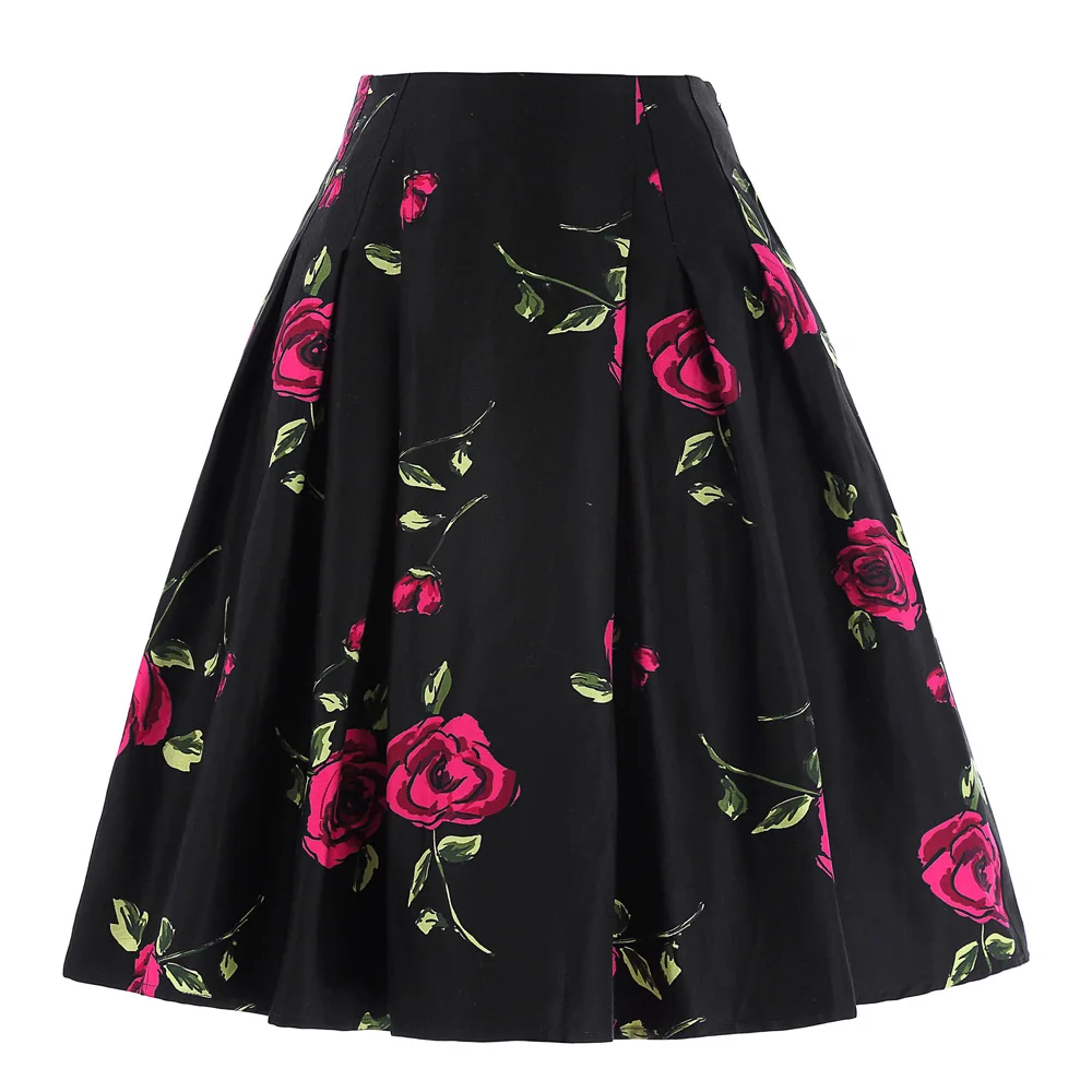 50s Vintage Skirt Woman Retro Red Rose Flower Floral Print High Waist Midi Skirts Womens Saia