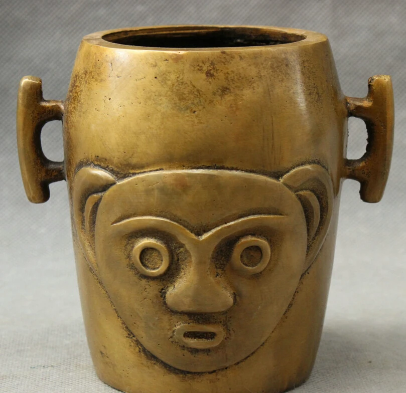 

S3467 Folk Chinese Bronze Buddhism SanXingDui Man Face Statue Cup Jar Brush Pot Vase D0317