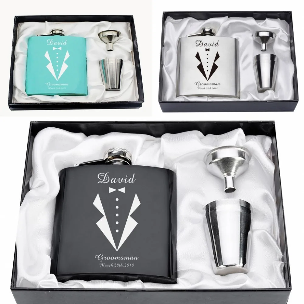

Set of Engraved Stainless steel 6oz Flask Set Funnel Groom Man Wedding Party Decor Bride & Groom Girlfriend's Gifts Usher Favors