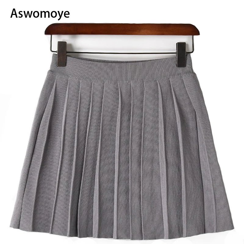 Spring Summer New College Pure Color Knitted Pleated Skirt Elastic ...