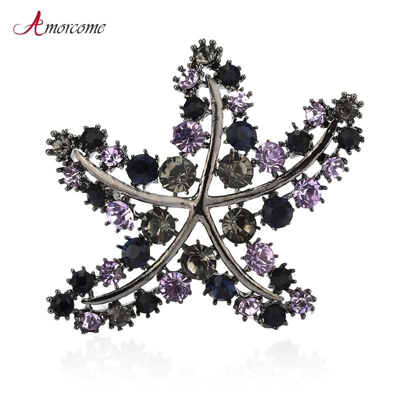 

Amorcome Starfish Shaped Large Brooches for Women Vintage Gun Black Metal Shiny Czech Crystal Animal Brooch Female Jewelry