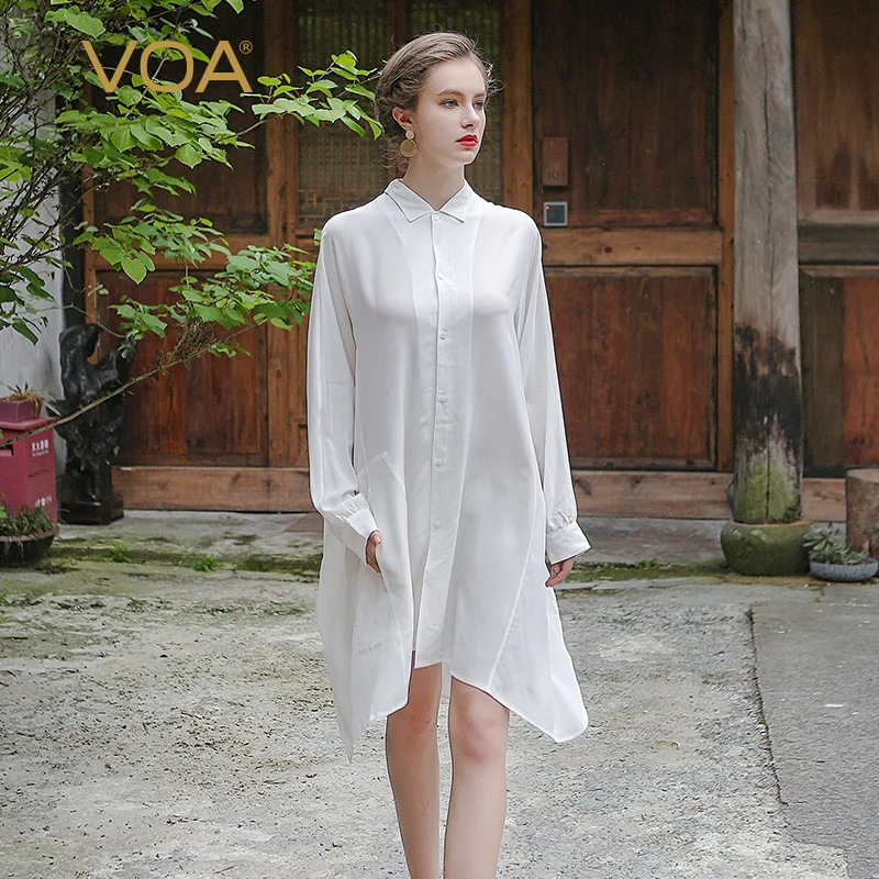 

VOA Summer Fashion Loose White Silk Shirt Women Spring Plus Size 5XL Long Sleeve Sexy Solid Casual Office Blouse B5352