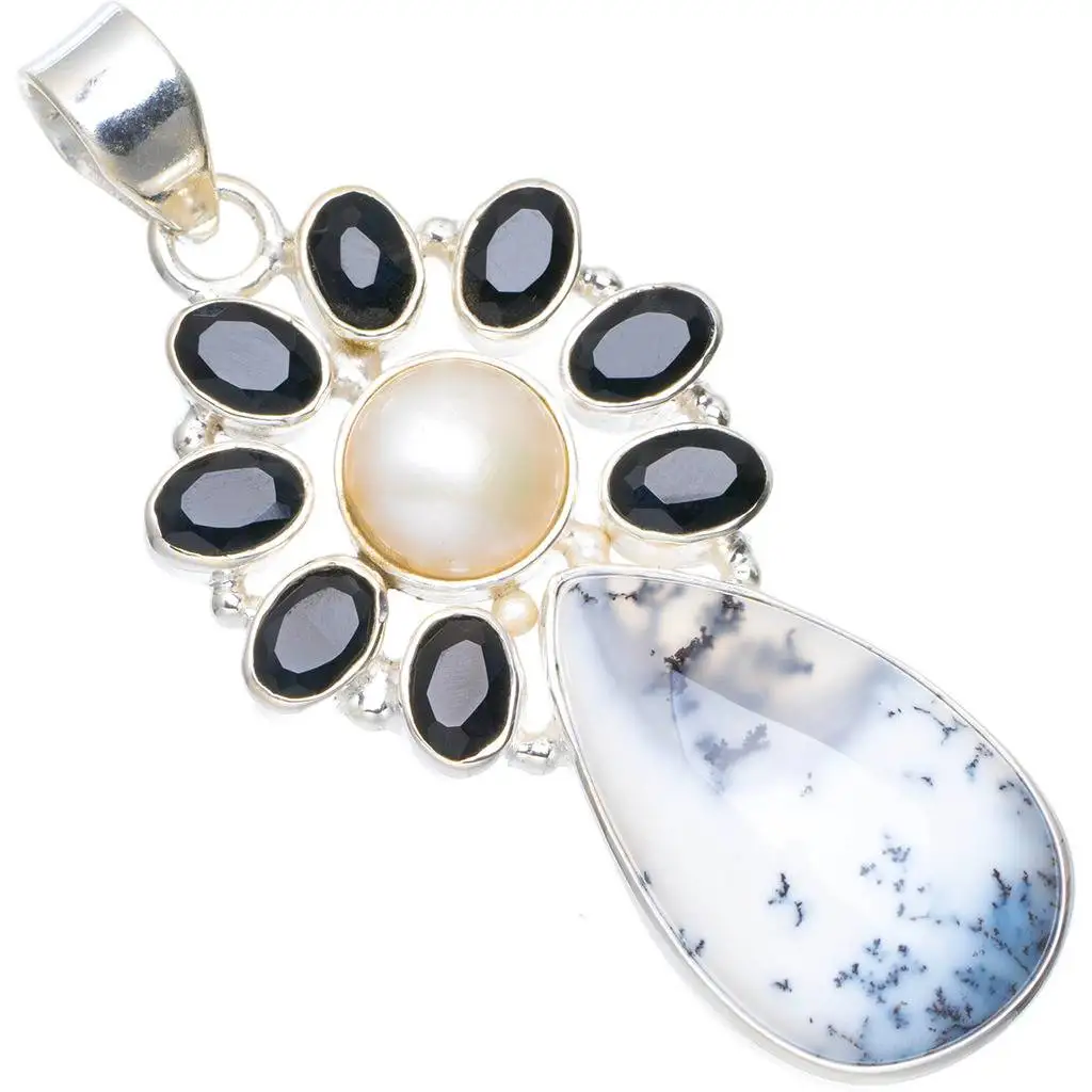

Natural Dendritic Opal,River Pearl and Black Onyx Handmad Peacock 925 Sterling Silver Pendant 2.25" A0123