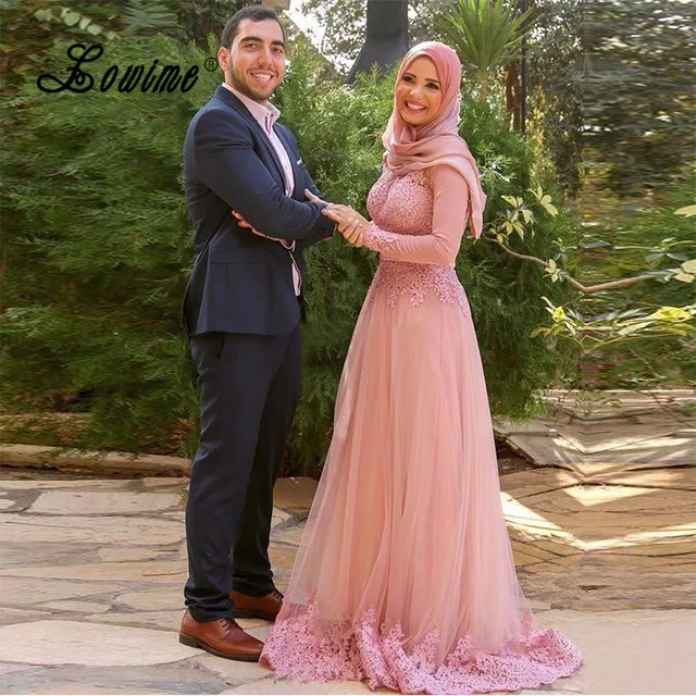 Blush Pink Turkish Dresses Hijab Muslim Long Sleeve Evening Dresses